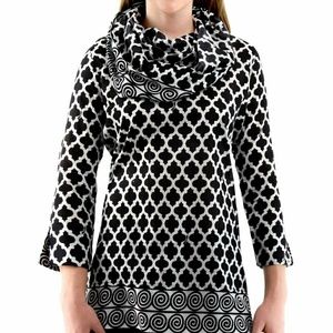 Black and white cowl neck shirt swirls